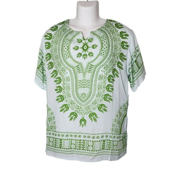 KUKUH Dashiki Tunic Shirt One Size Green Batik Print‎ Relaxed Fit Cotton - Picture 6 of 6